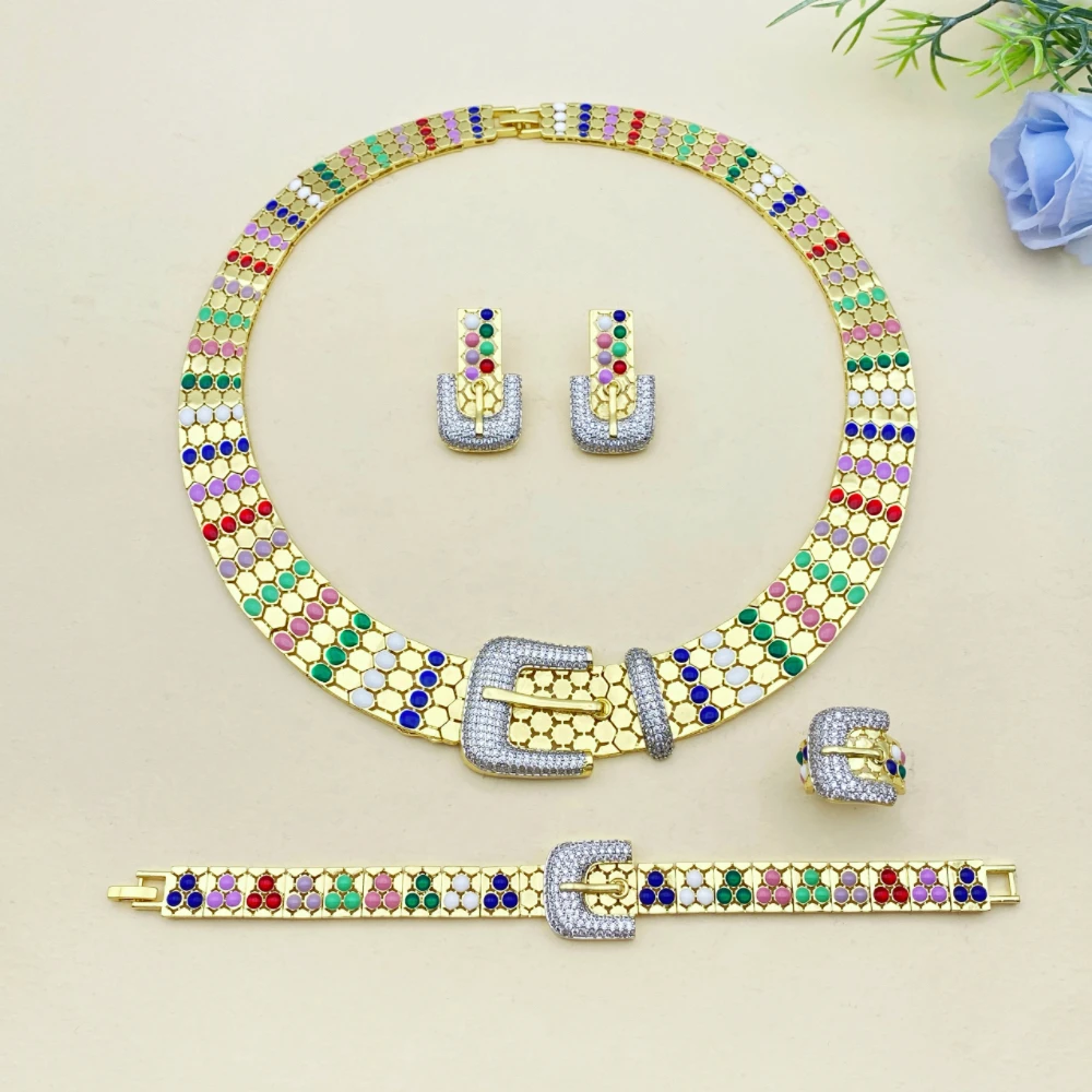 

Falair повседневный женский позолоченный медный комплект ювелирных изделий с цирконом, ожерелье, браслет, серьги, кольцо, роскошные аксессуары для моделирования