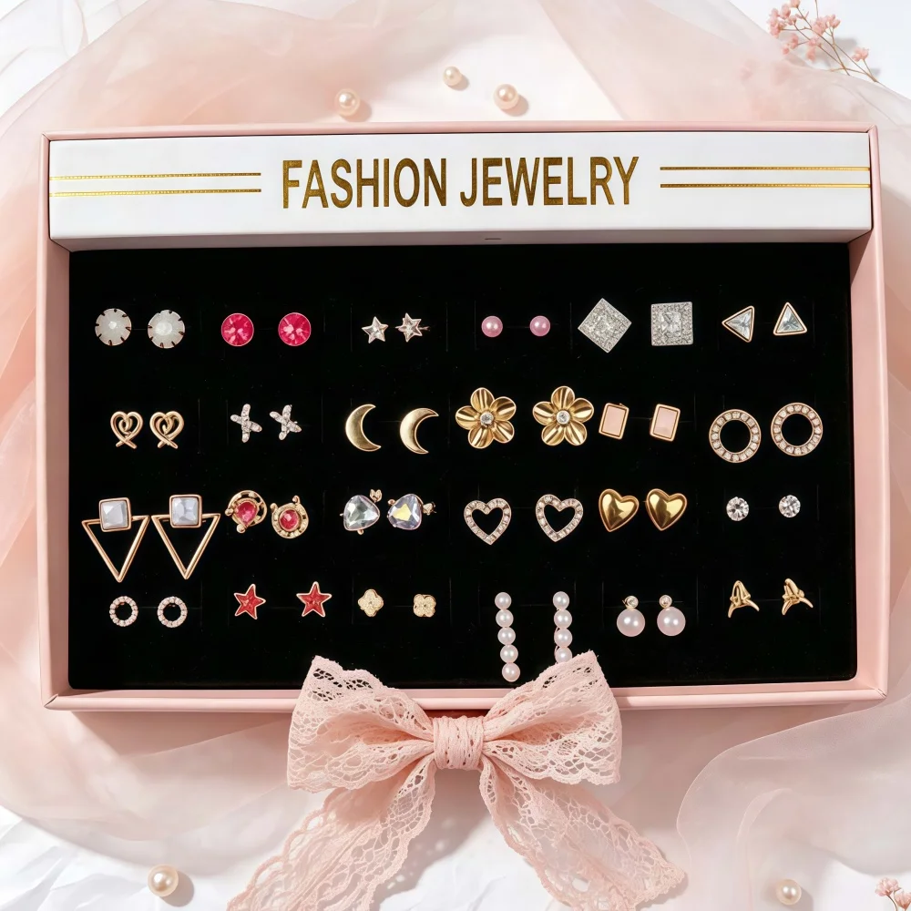 16Pairs/Lot Fashion Exquisite With Women's Geometric Sweet Small Flower Earrings Daily Party Gifts Mix Style Jewelry Accessories