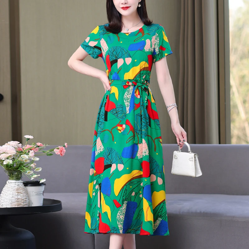 New Arrival Fashion 2024 Summer Dress Vestido Loose O-neck Casual Print Floral Cotton Linen Women Clothing Dresses Plus Size