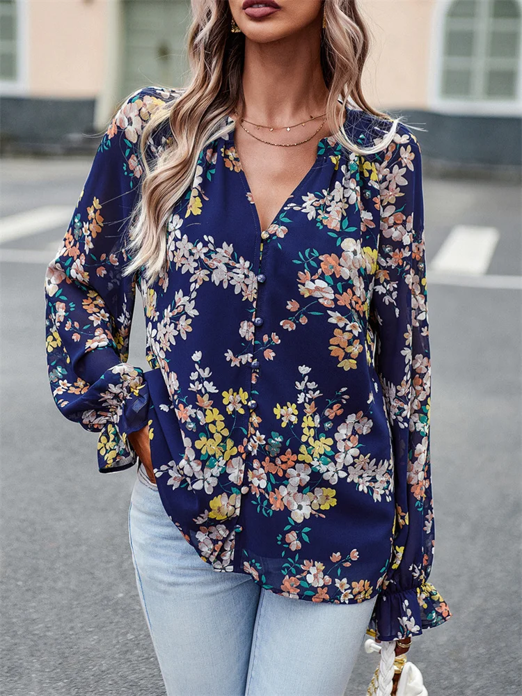 

Vintage Floral Print Blouse Women Autumn Casual Flare Sleeve V Neck Shirt Female Elegant Temperament Single Breasted Slim Tops