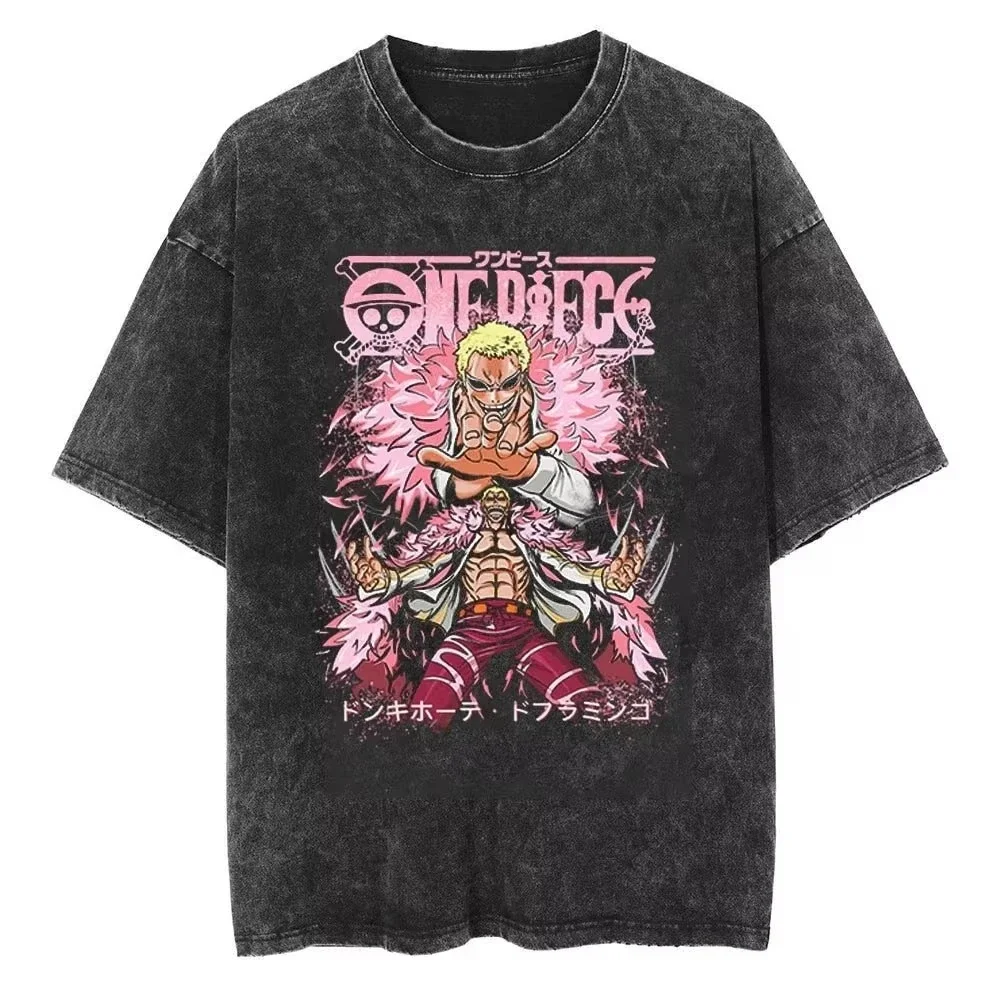 2026 New ONE PIECE Japanese Anime Donquixote Doflamingo Men's and Women's T-shirts Cotton Washed Old Retro Y2k Short Sleeves