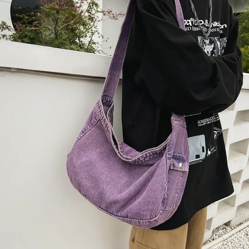 Vintage Washed Denim Crossbody Bag, Adjustable Wide Strap Large Capacity Soft Shoulder Tote, Casual Distressed Jean Sling Bags