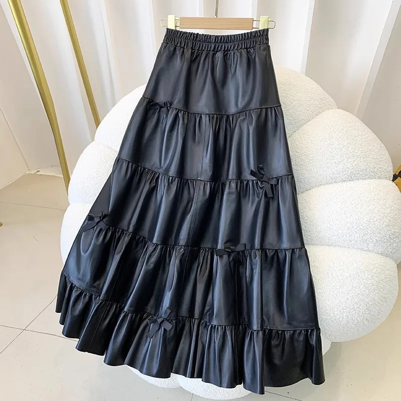 Women Fashion Genuine Leather Long Skirt Casual Loose Fit Elastic High Waist Sweet Bowknot Solid Color Lady Layers A-Line Skirts