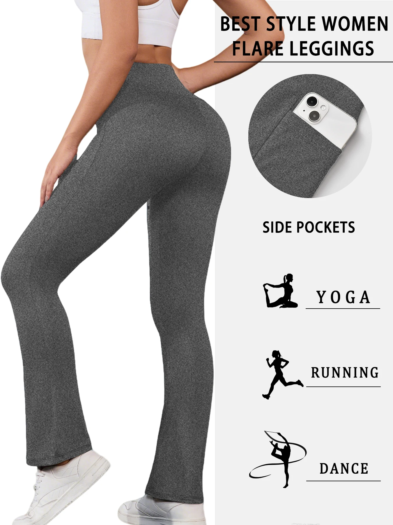 Damskie spodnie z wysokim stanem i rozszerzanymi nogawkami z kieszeniami - super miękkie, modelujące brzuch, podnoszące pośladki, idealne do jogi, na siłownię i do ćwiczeń.