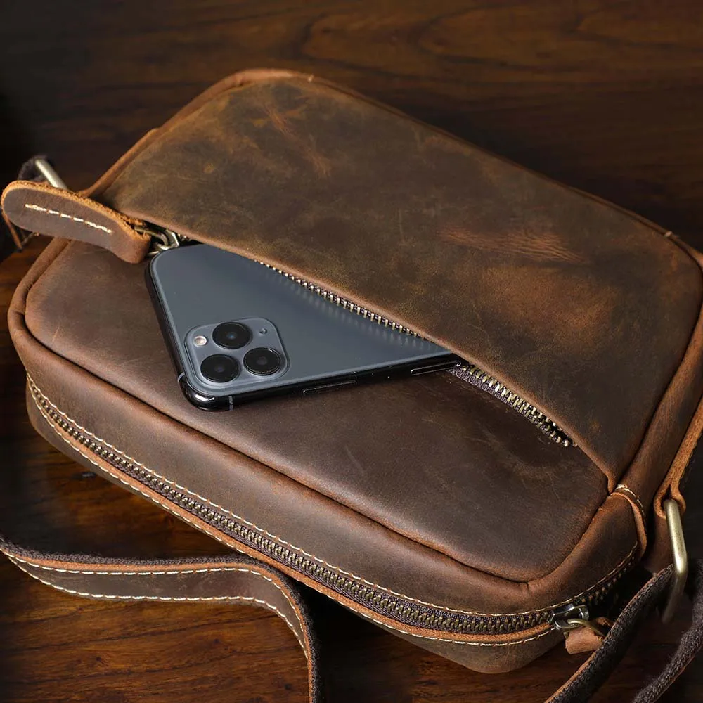 S.WORKER Vintage-Umhängetasche aus Vollnarbenleder, Herren-Schultertasche, Mini-Handy- und Schlüsseltasche – Detail 14