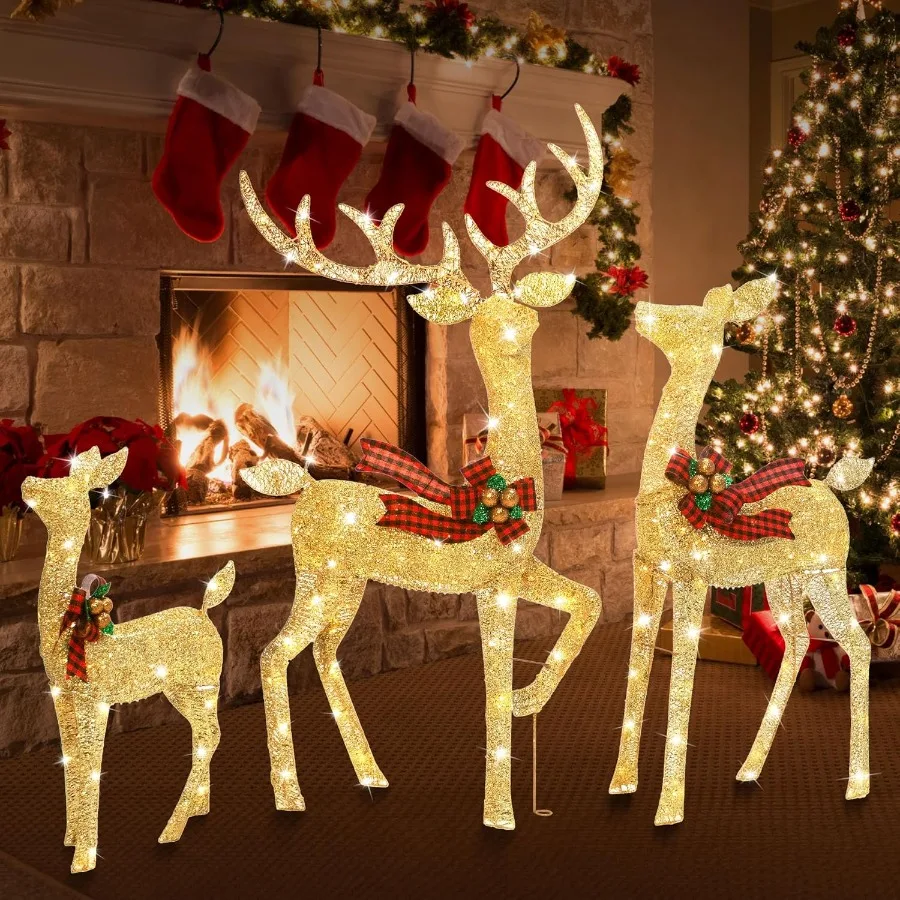 Conjunto de decoração de Natal ao ar livre para família de renas iluminadas de 3 peças com 210 luzes LED para decorações de férias de quintal 58''H animado