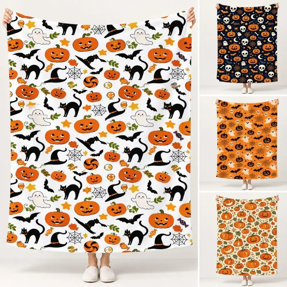 Halloween Pumpkin Cartoon Scatter Pattern Throw Soft Plush Flannel Pet Blanket, Home Decor Cover for Sofa, Bed, Trip & Picnic
