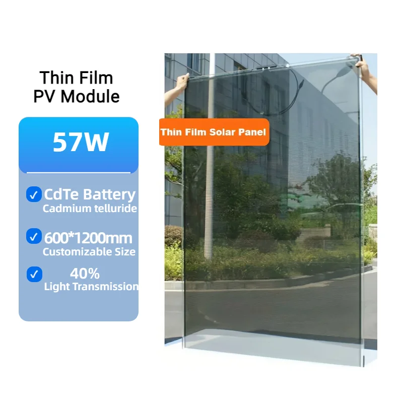 Transparent Thin Film Solar Panels for Roof Photovoltaic Glass Energy System Hot Sale Frameless Glass Solar Panel 57W CdTe 40%