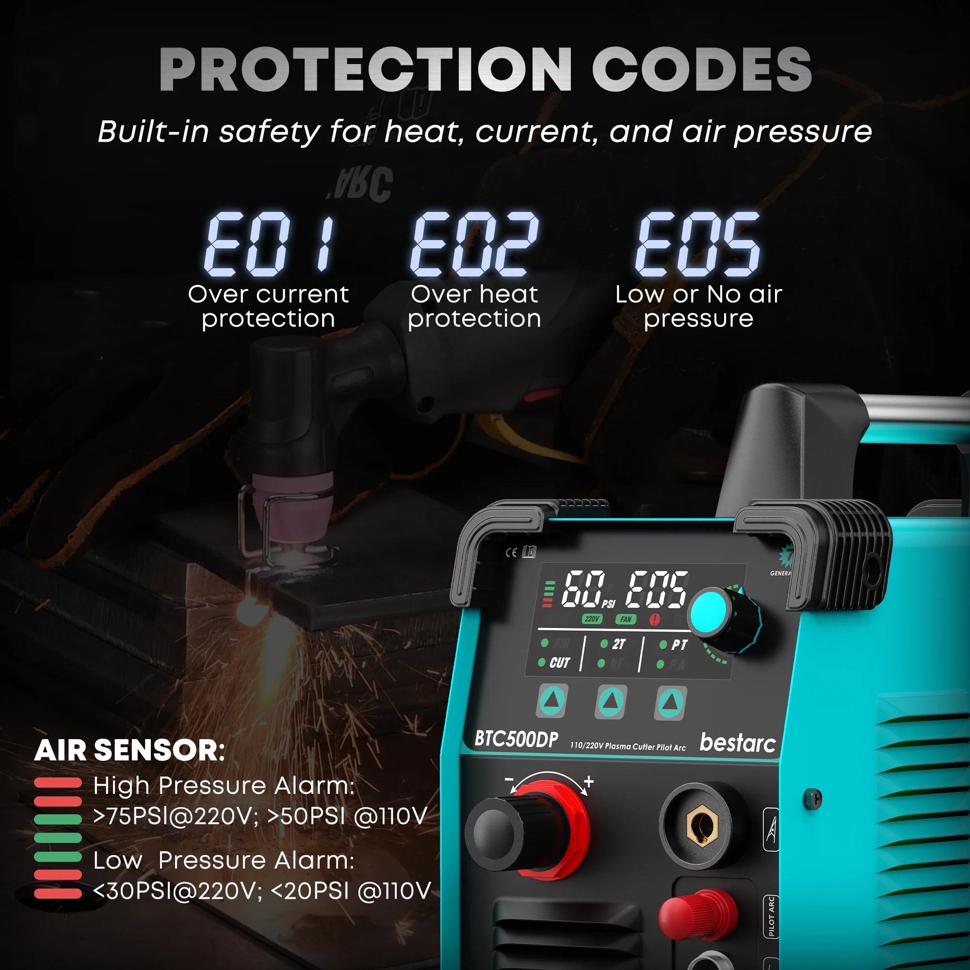 bestarc Plasma Cutter, Pilot Arc BTC500DP 7th GEN 50Amps Screen Display Single Phase Voltage 220V Digital Plasma Cutting Machine