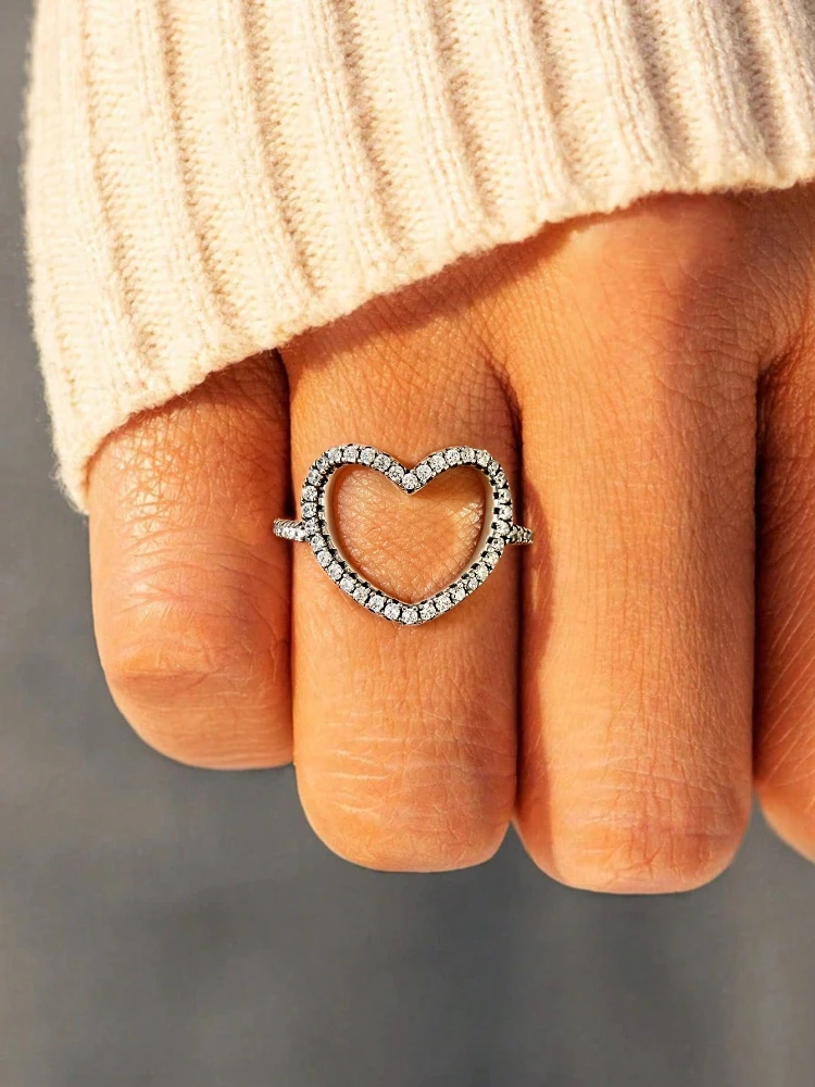 925 Sterling Silver Simplicity Hollow Out Love Heart Zircon Ring For Women Engagement Wedding Luxury High Quality Fine Jewelry