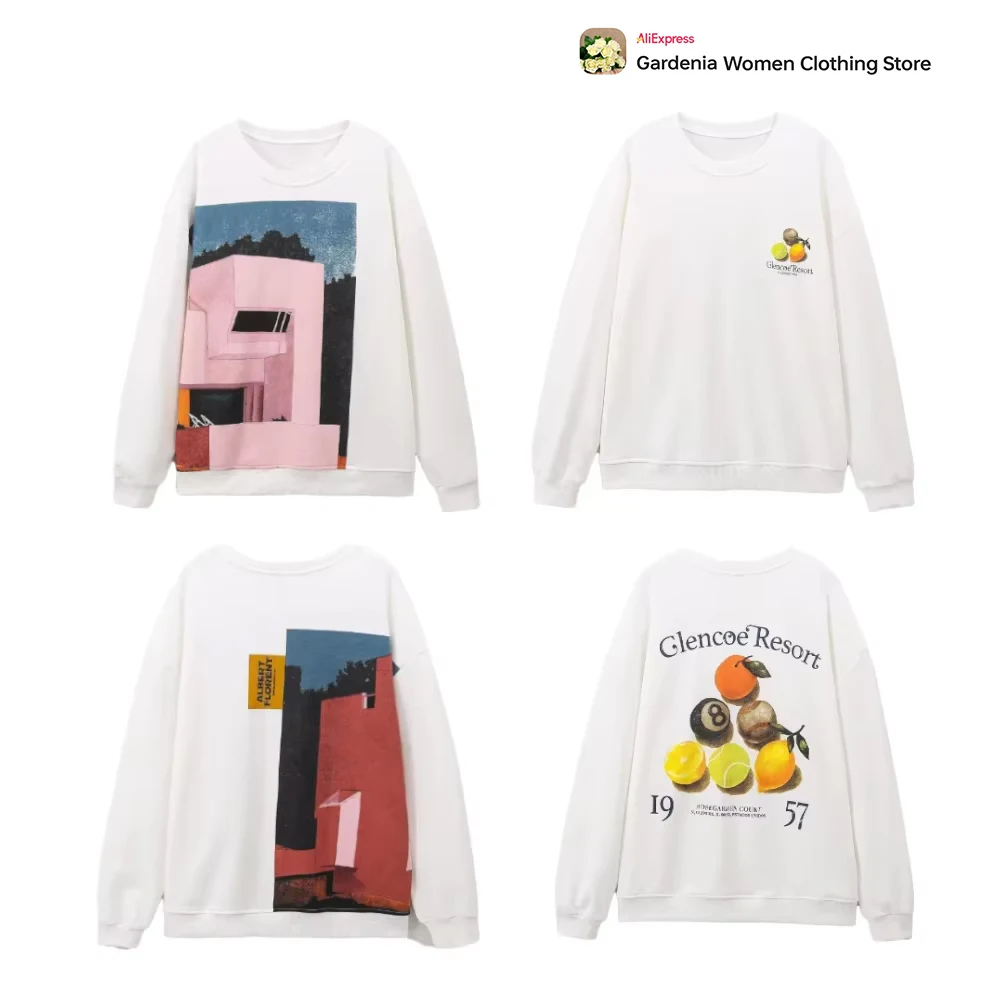 

Comfy Fall Fashion White Sweatshirts Women 2024 Basic Florent Print Sweatshirts Normcore O-neck Long Sleeve Cozy Streetwear Tops