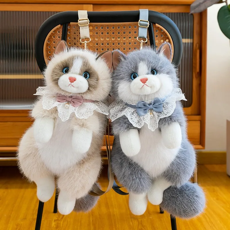 

Sound Backpack,Fashion Realistic Cat Shape Student Fluffy School Bag,Cute Girl Birthday Gift,Women Huggable Kitten Companion Bag