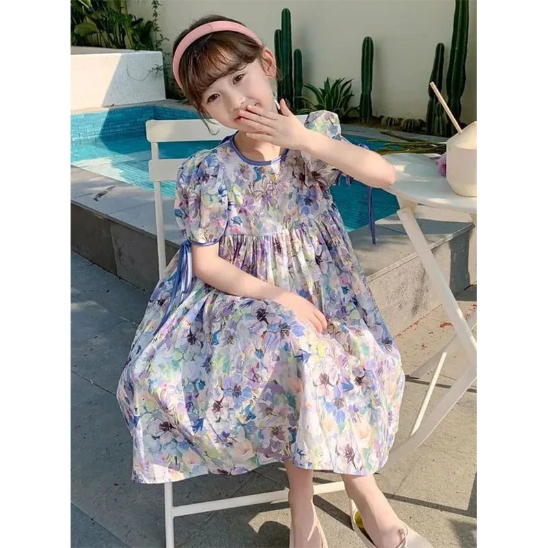 

2024 Girls Sweet Dress Kids Backless Short-Sleeved Floral Frock Summer New Children's Fashion Casual Loose Clothes 3-12 Years