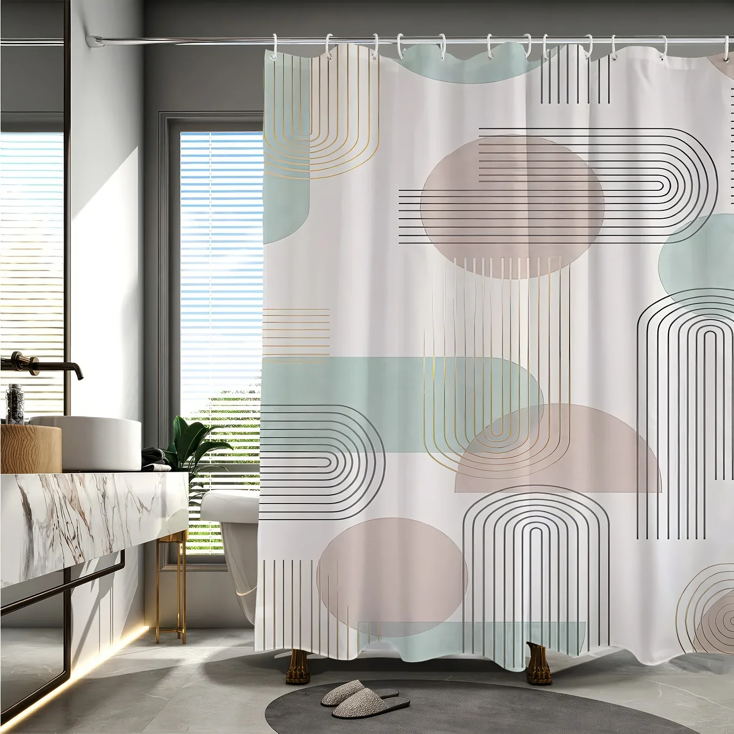 1 ستارة دش أنيقة بطباعة هندسية - بيج فاتح مع دوائر وخطوط ناعمة، بوليستر قابل للغسل في الغسالة، متضمنة الخطاف #3