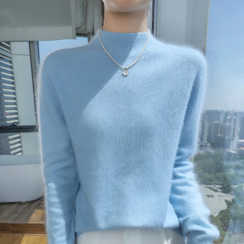 

100% Pure Mink Cashmere Knitted Sweater Women's Semi-High Neck Loose Pullovers Casual Joker Warm Bottoming Shirt Autumn Blouse