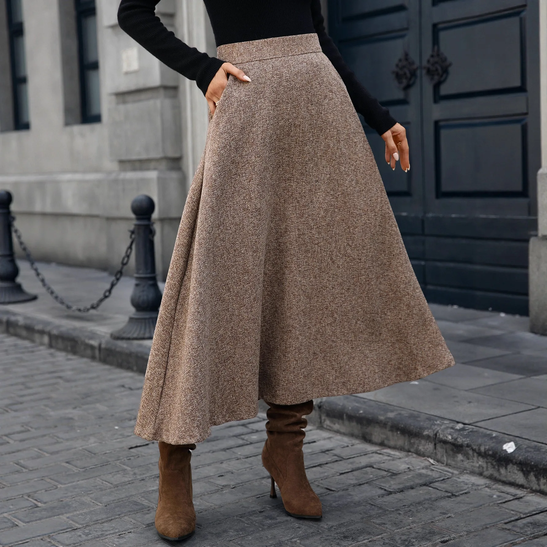 Women Solid Skirts Wool Tweed Skirt Ankle Lenth A Line Elastic Waist Slight Strech Loose Office Lady Elegant Casual 2026 Spring