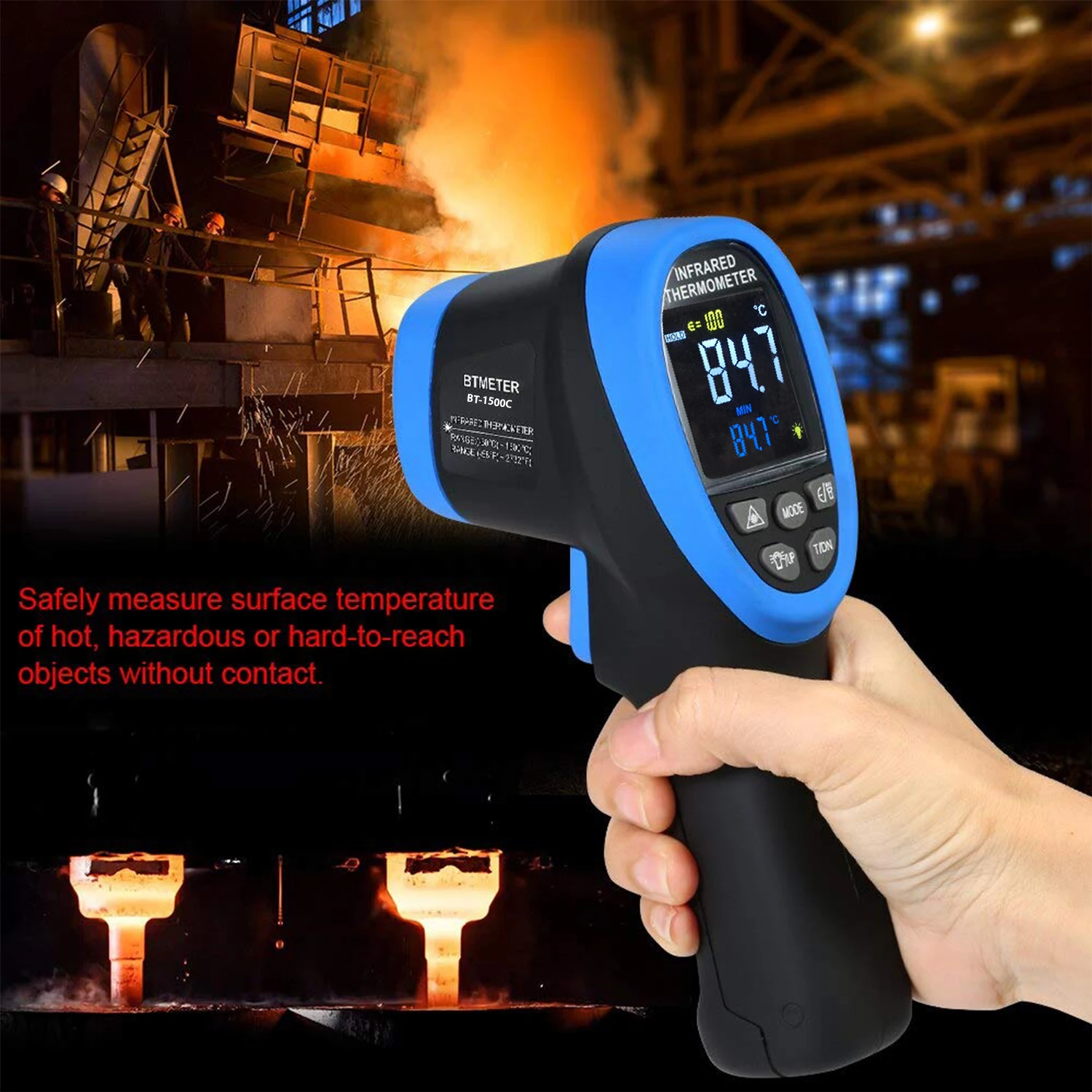 Digital Professional Infrared Thermometer -58℉~2732℉, Color LCD, Laser Targeting, 30:1 D:S, Adjustable Emissivity, Portable