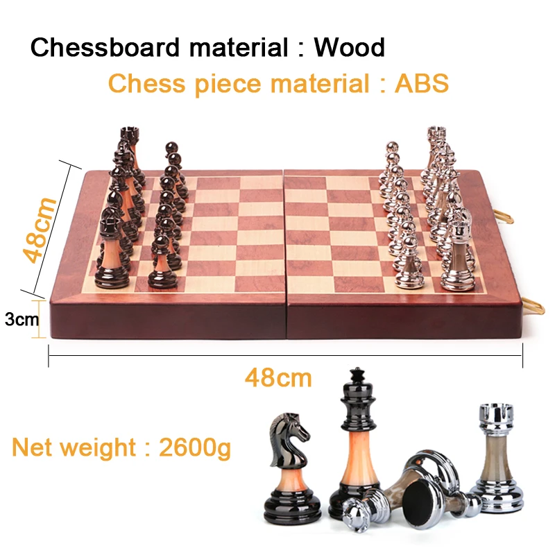 Luxuriöses großes Schachspiel, internationales Reise-Schach-Tischbrettspiel, zusammenklappbares Schachbrett aus Holz, gewichtete Schachfiguren aus ABS