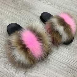 Nuovi arrivi all'ingrosso Logo personalizzato Fluffy Real Fox pantofole in pelliccia di procione fornitore di diapositive in pelliccia di pelliccia per le donne infradito in peluche