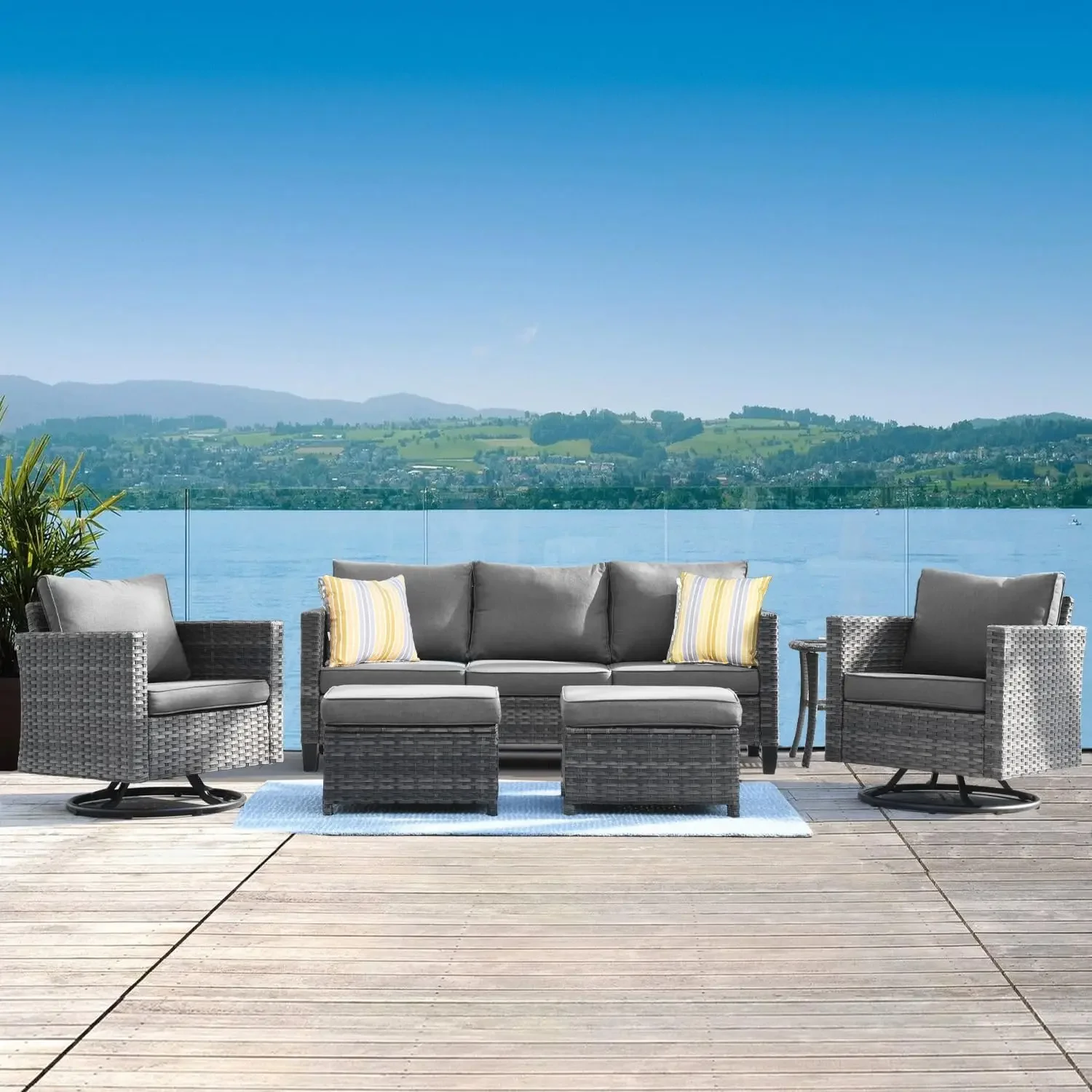 

6 Piece Outdoor Wicker Sofa with Swivel Rocking Chairs and Comfy Cushions, High Back Rattan Couch Conversation Set