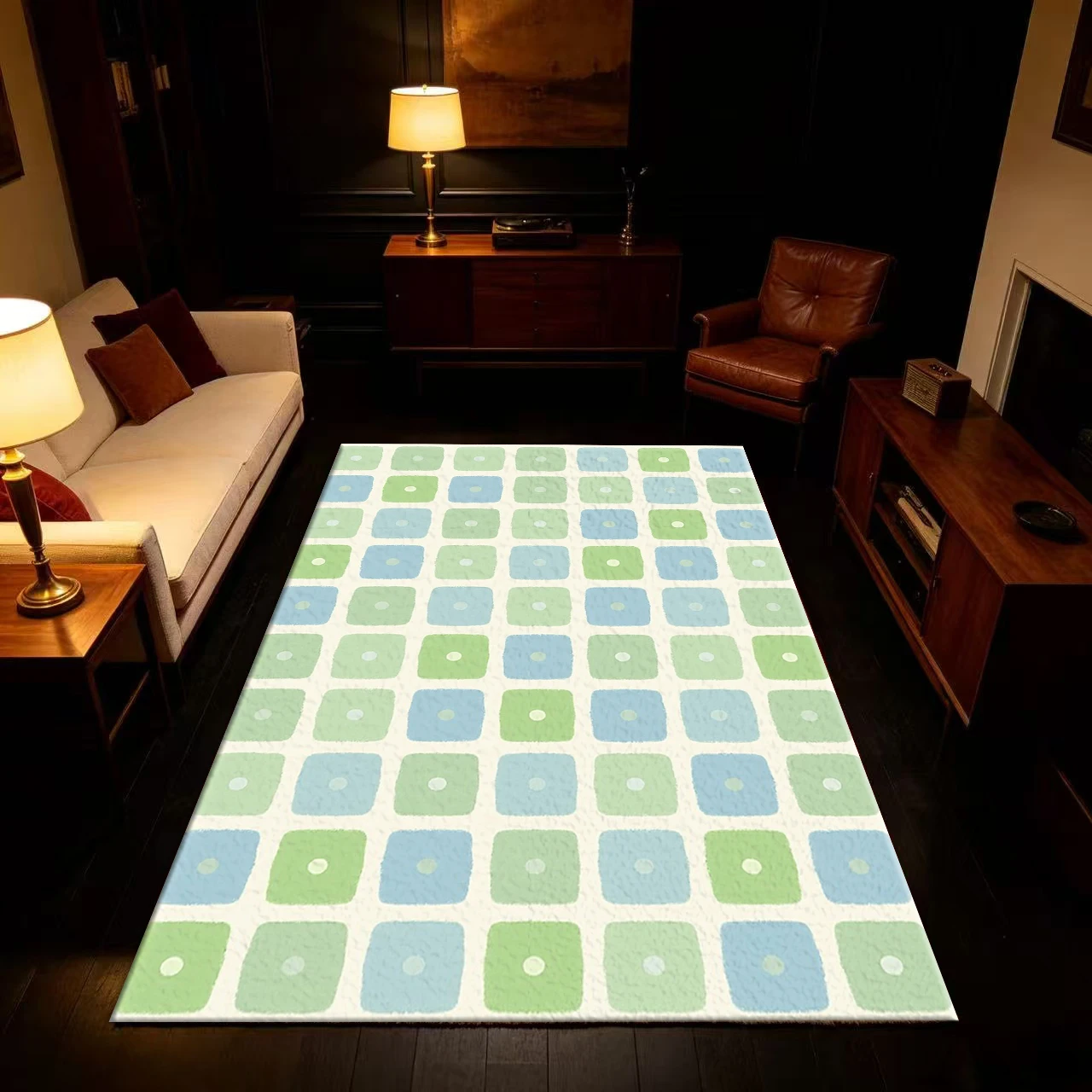 Soft Green-Blue Irregular Square Hand-Painted Geometric Carpet Floor Non-Slip Mat