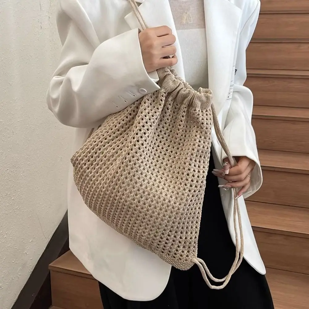Solid Color Knitting Shoulder Bag Large Capacity Lazy Style Bohemian Crochet Backpack Versatile Hollow Out