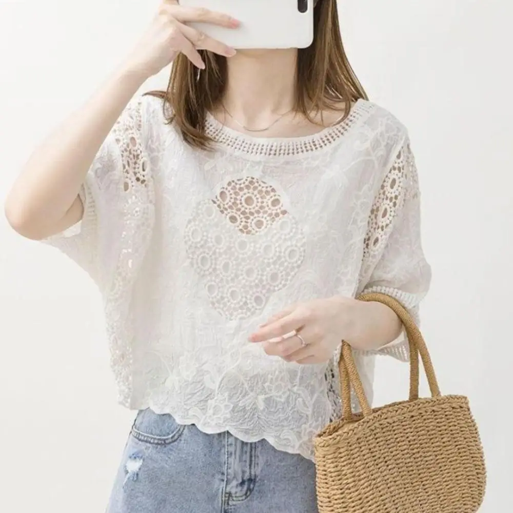 Floral Embroidery Crochet Cover Up White Openwork Knit Knit Cover Up Top Loose Fit Scalloped Hem Pullover Poncho Top