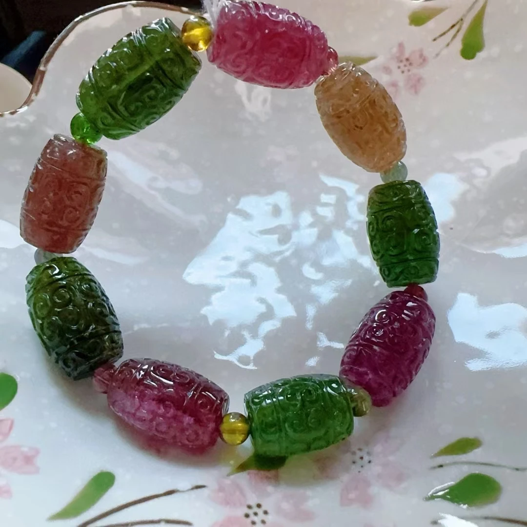 Natural Colorful Tourmaline Clear Barrel Beads Bracelet 18.5/12mm Carved Red Green Tourmaline Women Men Jewelry AAAAAAA