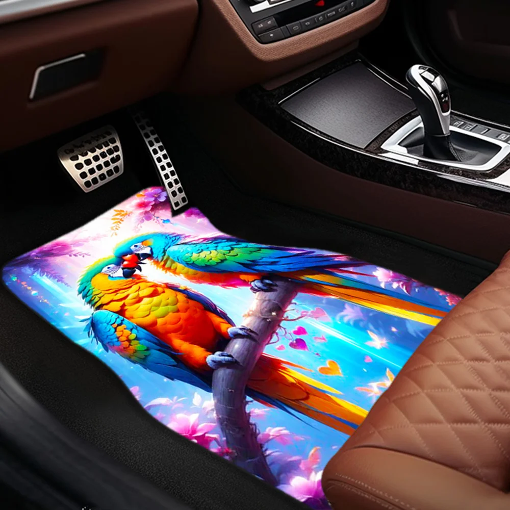 Colorful Parrot Fashion Art 4pcs Mats, Front/Rear Coverage, Washable, Unique Auto Accessory