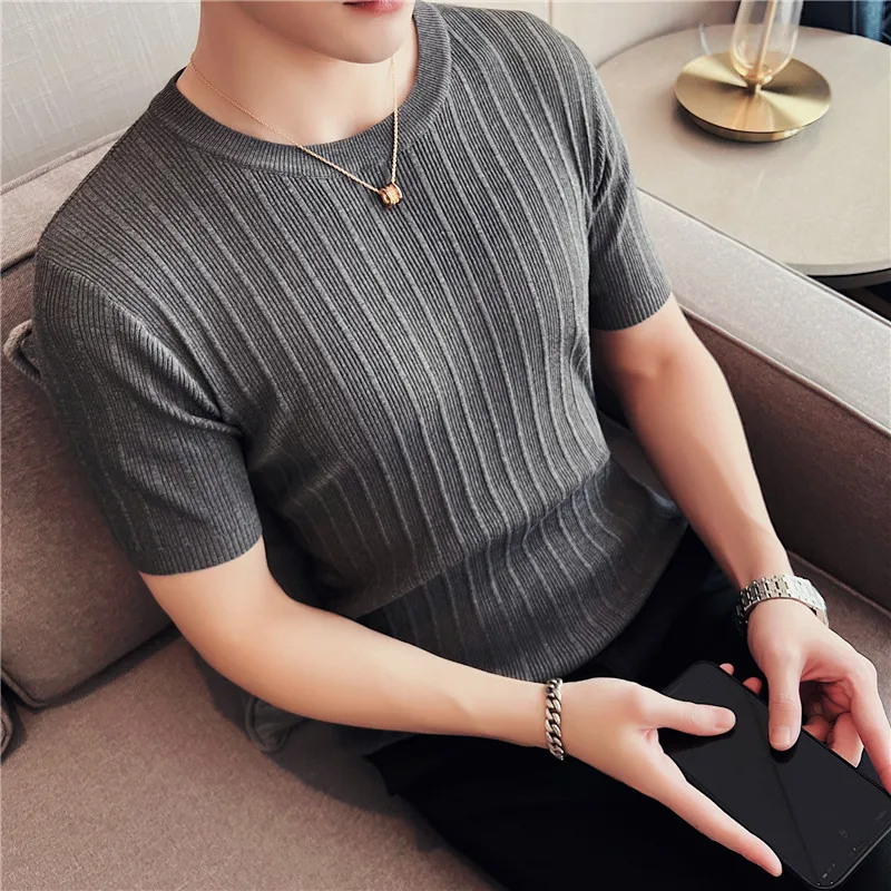 2022 Brand Clothing Men's Summer Leisure Short Sleeve T-Shirt/Male Slim Fit O-Neck Stripe Knitted T-Shirt Plus Size S-4XL