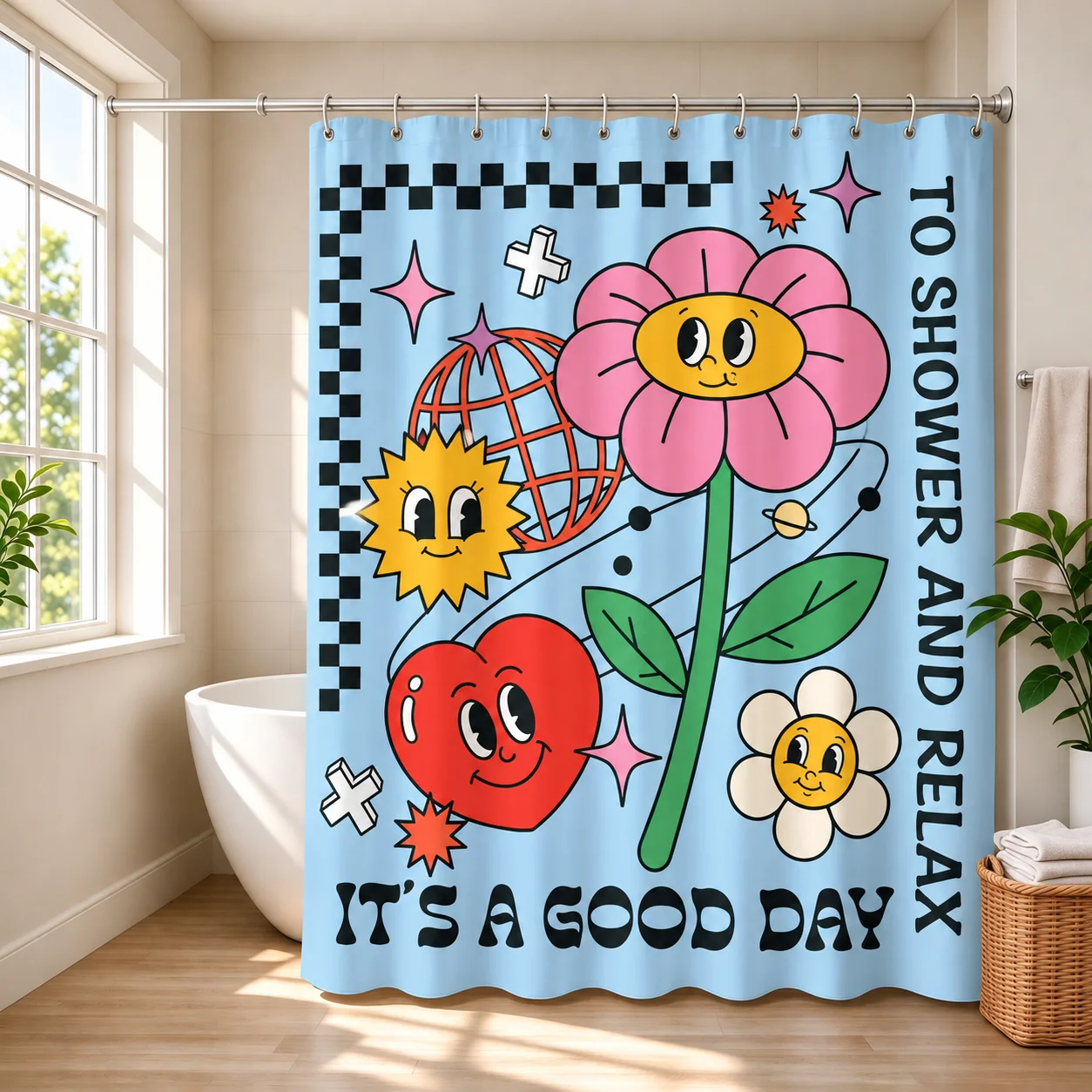 Retro Cartoon Smile Flower Heart Shower Curtain Checkered Groovy It's A Good Day Waterproof Fabric Bathroom Curtain Home Decor