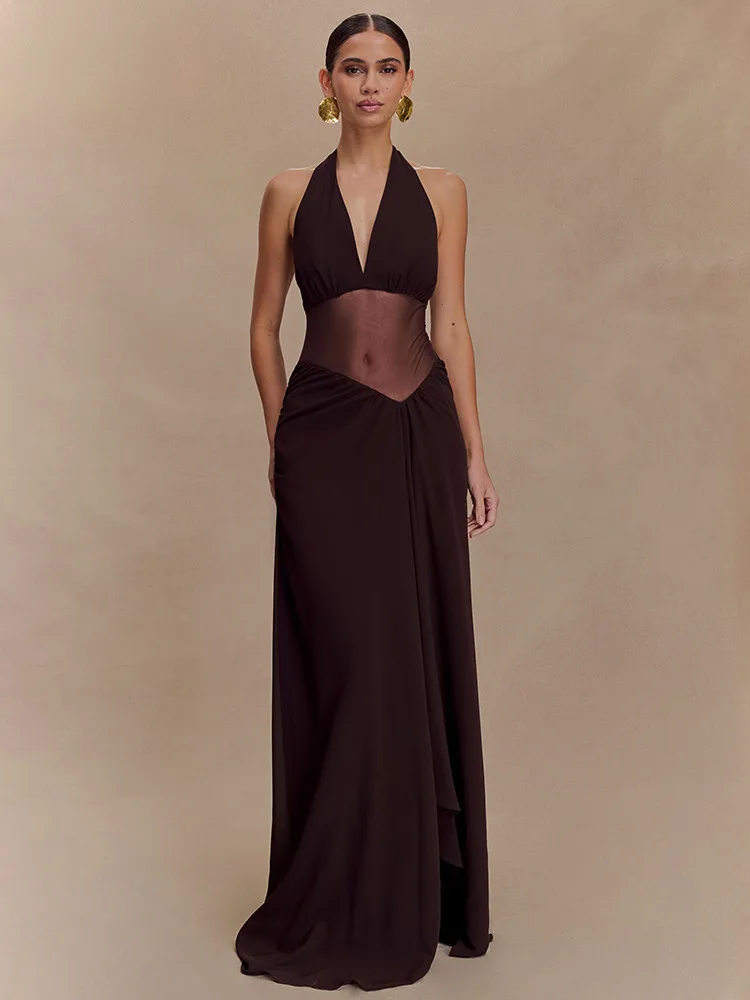 Durchsichtiges Chiffon-Maxikleid für Damen, Neckholder, tiefer V-Ausschnitt, Krawatte, sexy, rückenfrei, schmal, asymmetrisch, schmale A-Linien-Kleider, Partykleidung