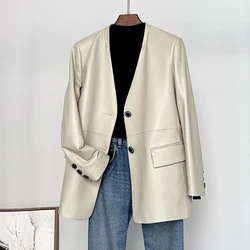 Julypalette 2024 Fall First Layer Lambskin Leather Women V-neck Blazer Coats Fashion Two Buttons Ladies Genuine Leather Jackets