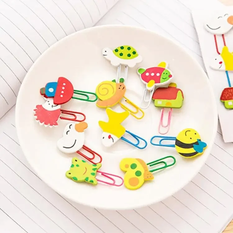 12Pcs/Set Cute Cartoon Animal Wooden Bookmark Paper Clips School Supplies Stationery Hot Sale