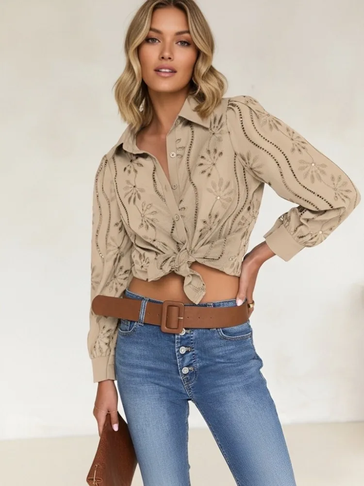 

New Autumn Lapel Women's Puff Sleeve Cardigan Shirt Fashion Casual Solid Color Cutout Single Breasted Spring Summer Blouse