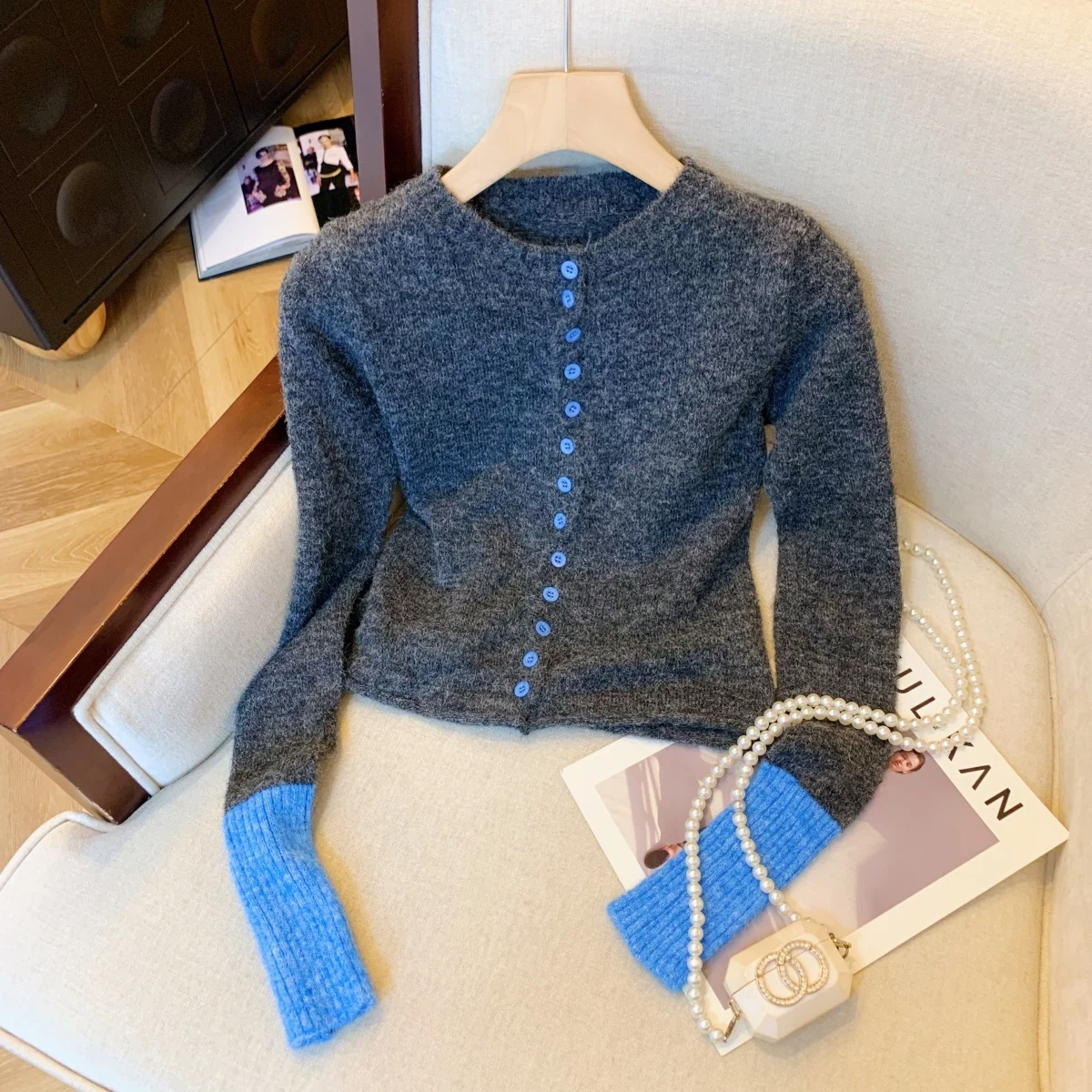 

Women's Grey Patchwork Cardigan Sweater Harajuku Long Sleeves O-Neck Cashmere Sweater Jumper Aesthetic Vintage Y2k 2000s Clothes
