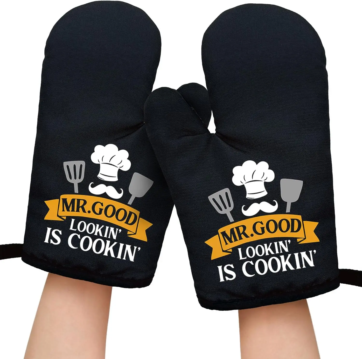 Mr.Good Lookin' is Cookin' Funny Black Oven Mitts with Hanging Loop and Non-Slip Family Cooking Baking Kitchen