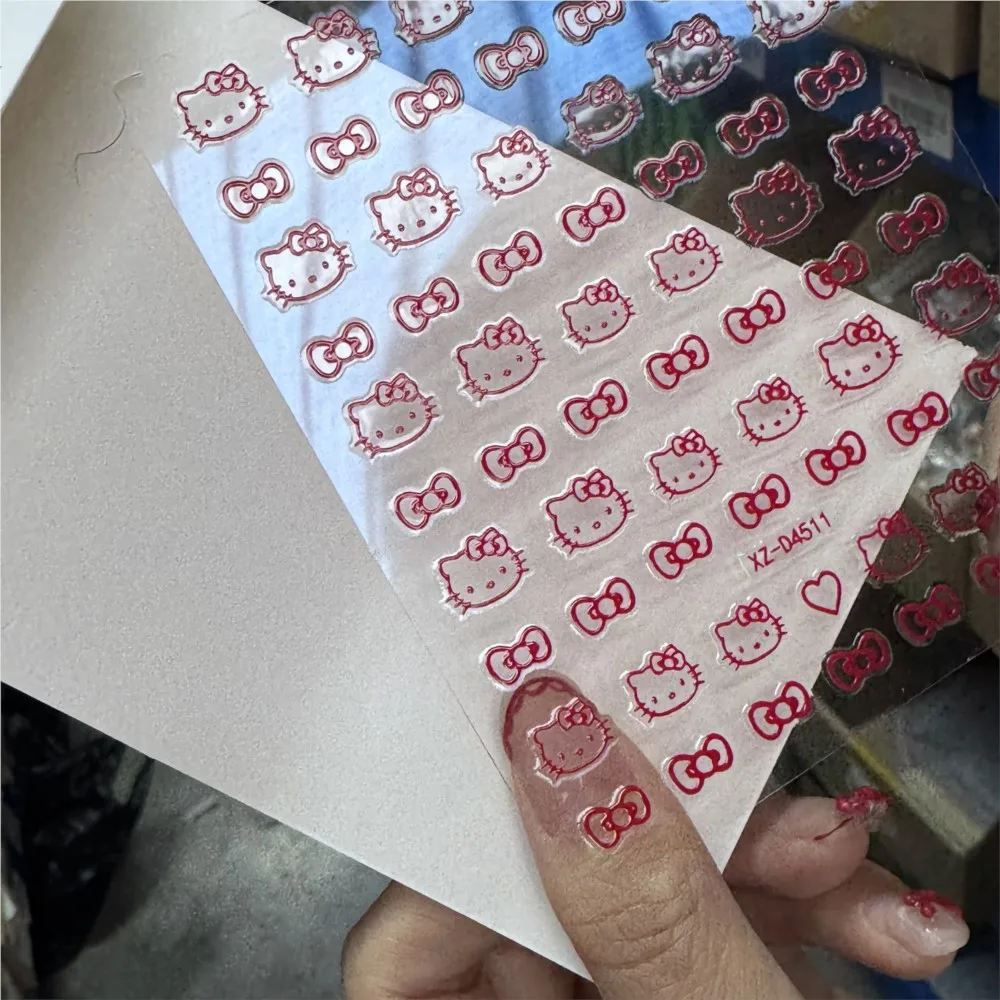 สติกเกอร์ติดเล็บลายเฮลโลคิตตี้สีแดงน่ารัก 6 ชิ้น สีขาว/ดำ/ทอง พร้อมกาวในตัว ลายโบว์เฮลโลคิตตี้ สำหรับตกแต่งเล็บเด็กผู้หญิง