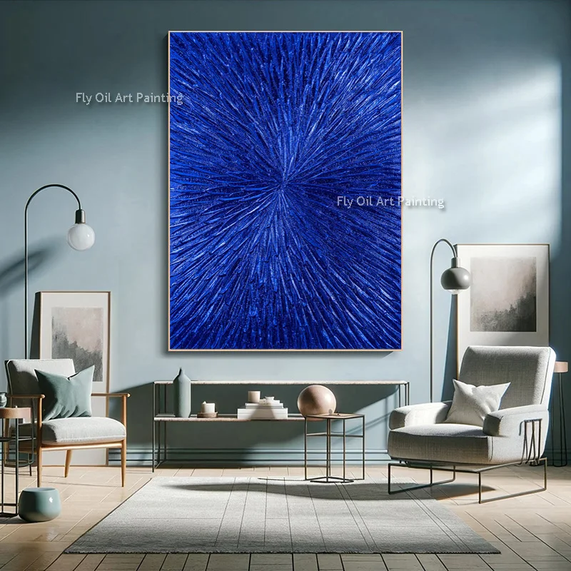 Vertical Hand-Painted Textured Abstract Oil Art, Vibrant Klein Blue 3D Texture Contemporary Wall Decor