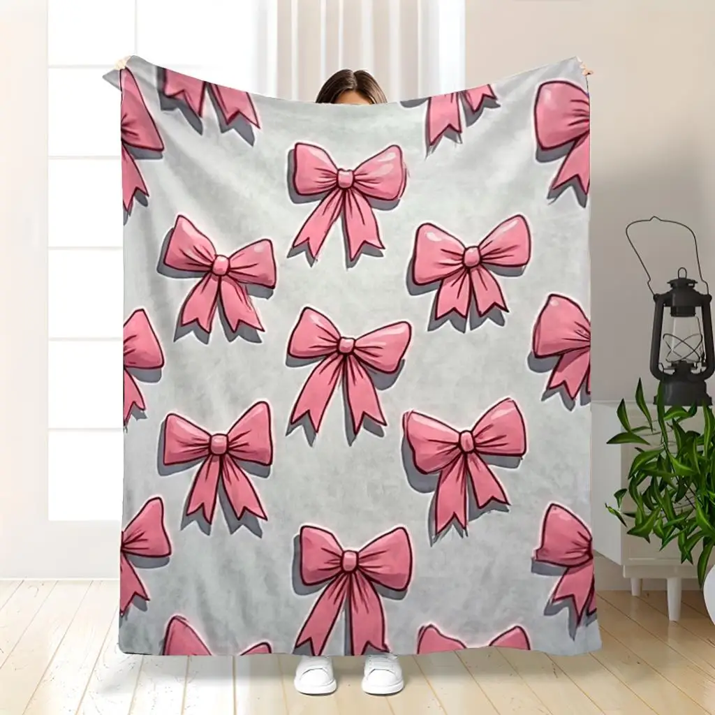 1pc Pink bow-patterned blanket, polyester fabric, machine washable, suitable for use in bedrooms, living rooms, and sofas.