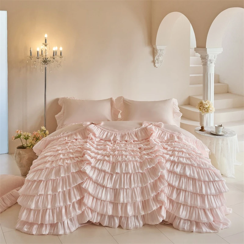 1000TC Egyptian Cotton Pink French Princess Luxury Wedding Bedding Set Multi‑Layer Cake Ruffle Bow Decor Duvet Cover Pillowcases