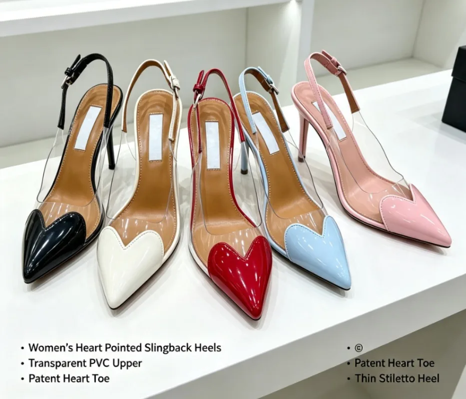2026 summer new fairy style heart-shaped pointed stiletto sandals, transparent spliced open-back heels