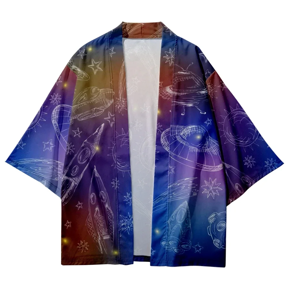 Men and Women Japanese Kimono Moon Star Space Printing Japanese Kimono Casual Loose Thin Coat Asian Kimono Fashion Cardigan