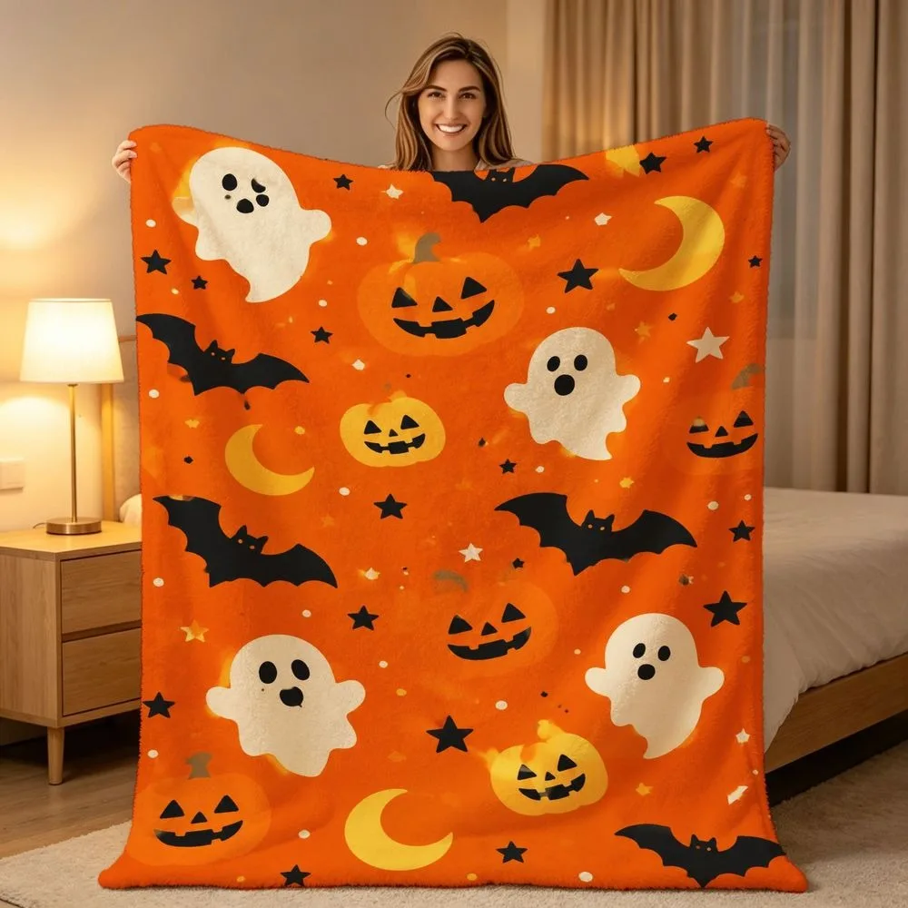 Soft Watercolor Halloween Ghost Pumpkin Print Throw Blanket Spooky Bat Moon Star Pattern Soft Warm Sofa Bed Blanket All Season