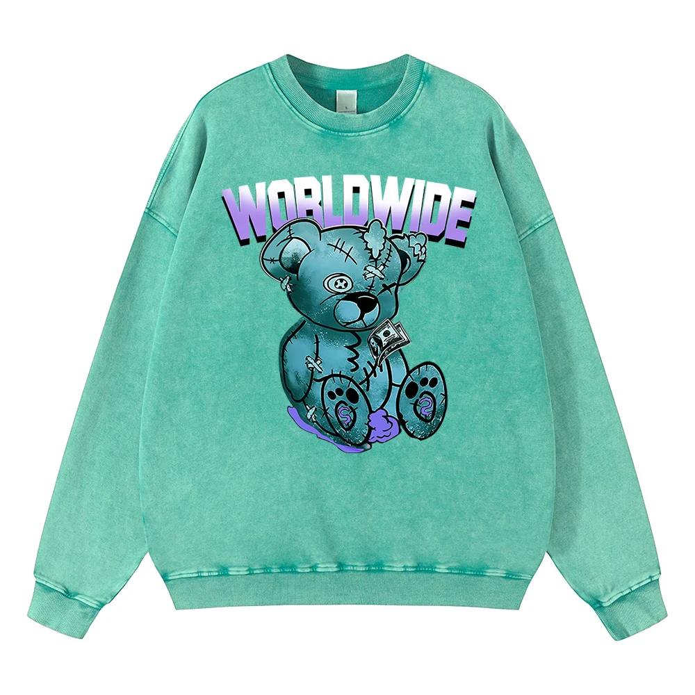 

Vintage Distressed Washing Worldwide Broken Plush Bear Hoodie Men Warm Casual Pullover Hip Hop Cotton Sweatshirt Hoody Couple