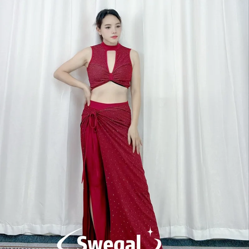 customized SWEGAL belly dance costumes practice outfit with diamond mesh hollowed out vest wrapped skirt and slit long skirt