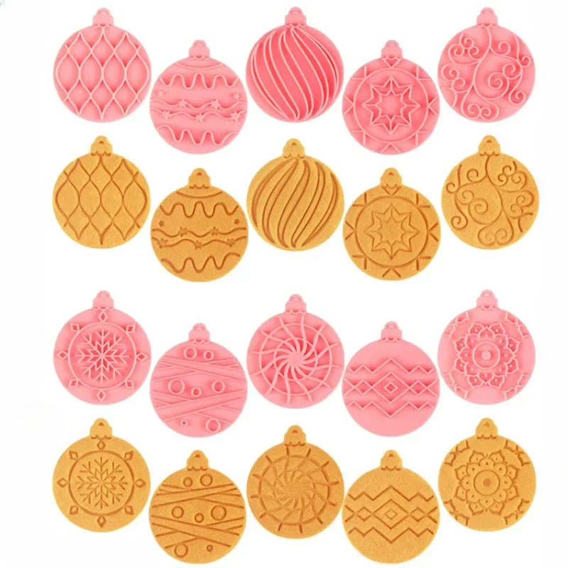 

10Pcs/set Round Christmas Balls Cookie Cutters and Stamps New Year Party Fondant Biscuit Embosser Mold Xmas Baking Supplies