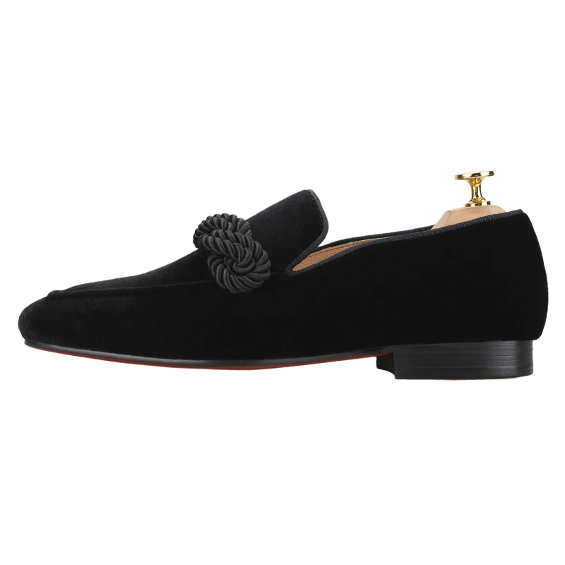 Piergitar Black And Burgundy Velvet With Handmade Twists Rape Design Slip-On Loafers Classic Style Men Smoking Slippers Red Sole