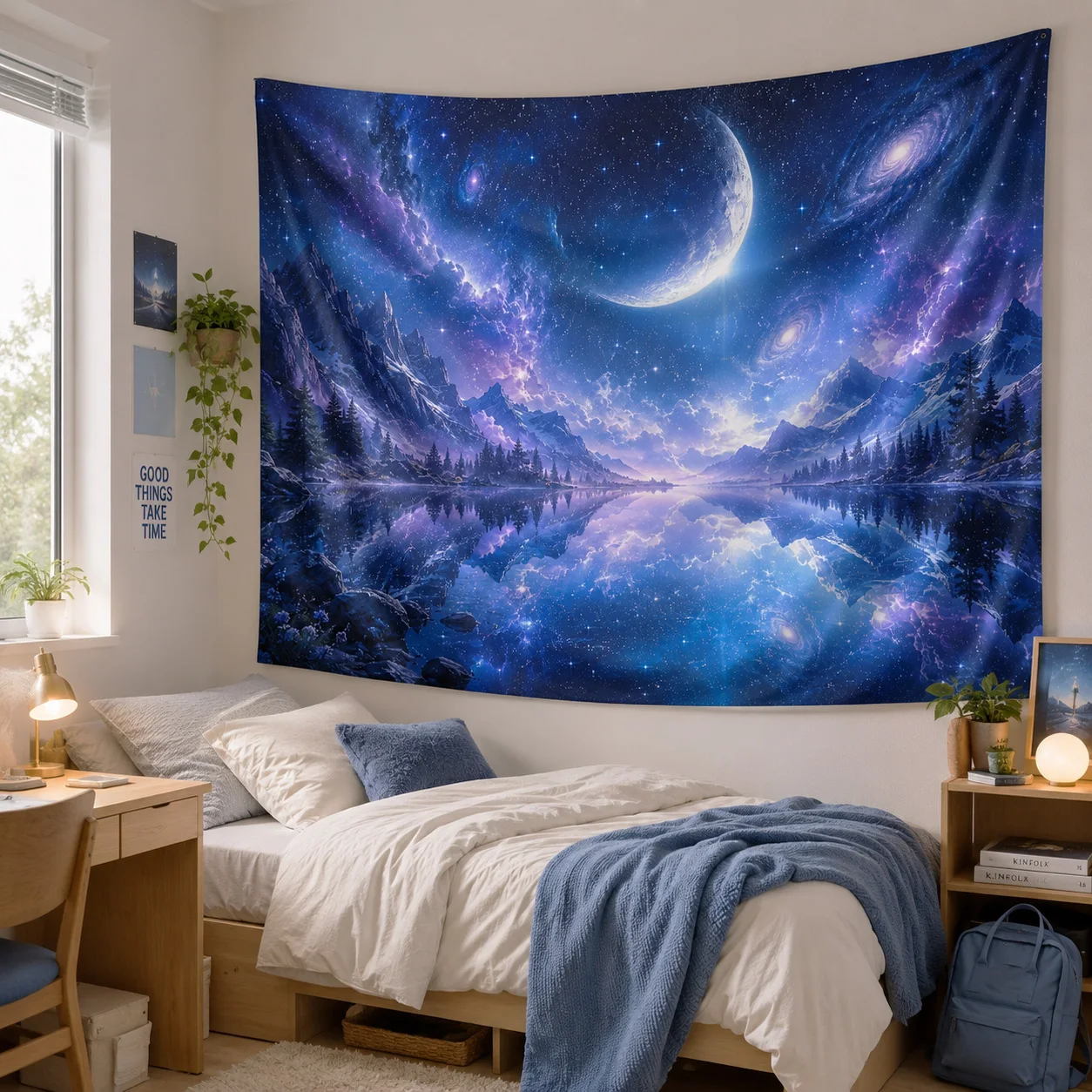 Galaxy Moon Wall Tapestry Cosmic Starry Sky Space Landscape Hanging Decor for Dorm Bedroom Gaming Room