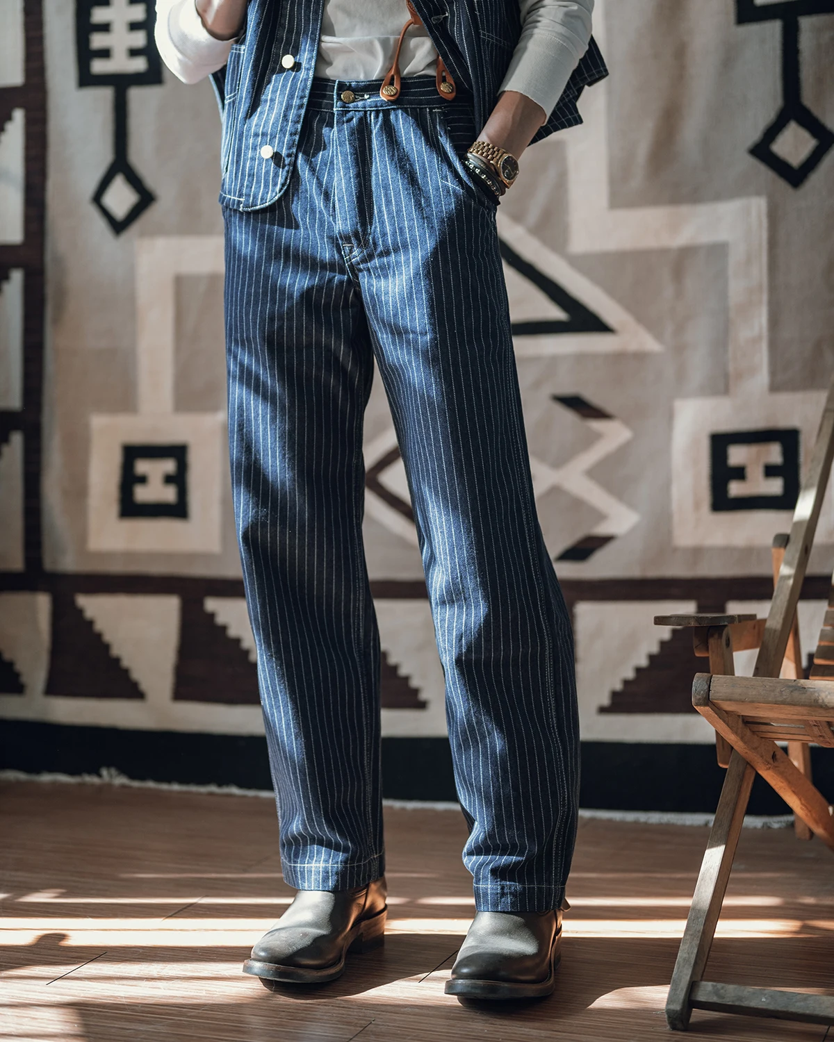 Non Stock 1920s Waist Overall Wabash Stripe Jeans Retro Men\'s Work Pants Indigo